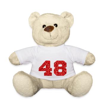 Number 48 Red Glitter - 48th Anniversary - Teddy Bear - white - Front
