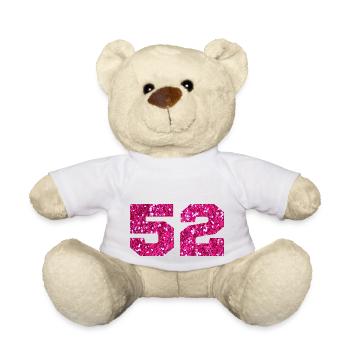 Numéro 52 paillettes rose - 52e anniversaire - Nounours - blanc - Devant