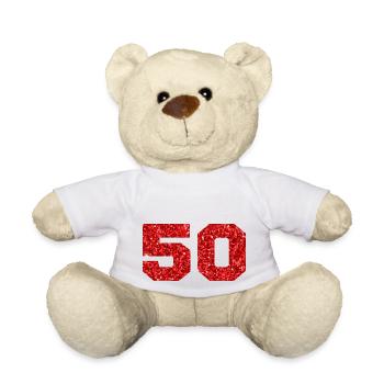 Number 50 Red Glitter - 50th Anniversary - Teddy Bear - white - Front