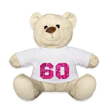 Numéro 60 paillettes rose - 60e anniversaire - Nounours - blanc - Devant