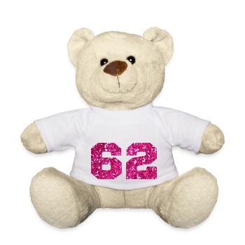 Numéro 62 paillettes rose - 62e anniversaire - Nounours - blanc - Devant