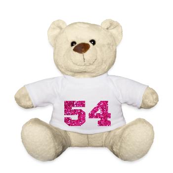 Numéro 54 paillettes rose - 54e anniversaire - Nounours - blanc - Devant