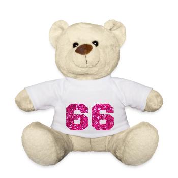 Numéro 66 paillettes rose - 66e anniversaire - Nounours - blanc - Devant