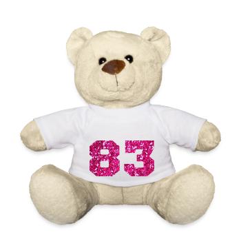 Numéro 83 paillettes rose - 83e anniversaire - Nounours - blanc - Devant