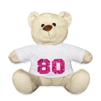 Numéro 80 paillettes rose - 80e anniversaire - Nounours - blanc - Devant