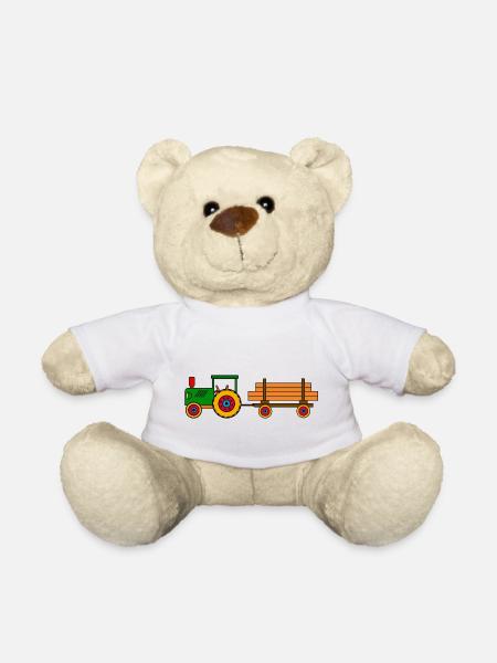 Grüner Traktor mit Holzanhänger - Teddy - Weiß