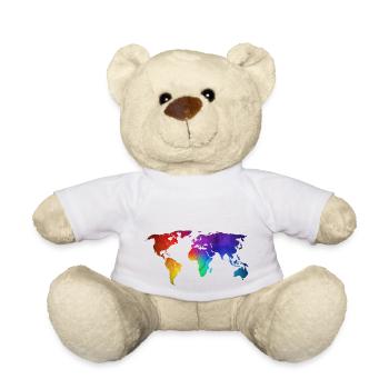 World Map/Globe design with funky rainbow colour - Teddy Bear - white - Front