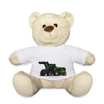 Tracteur vert clair avec chargeur frontal et presse à balles - Nounours - blanc - Devant
