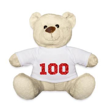 Number 100 Red Glitter - 100th Anniversary - Teddy Bear - white - Front