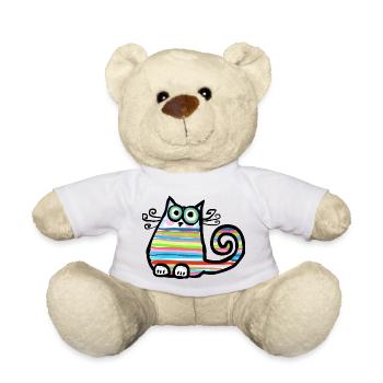 Bunt gestreifte, lustige Katze - handgezeichnet - Teddy - Weiß - Vorne