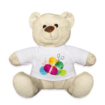 colorful balls of wool & knitting needles with scissors - Teddy Bear - white - Front