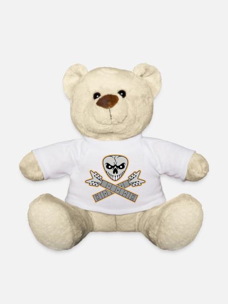 Skull and Crossed Guitars Orange Outline - Teddy Bear - white