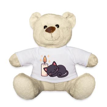 Schlafende schwarze Katze und helle Kerze - Teddy - Weiß - Vorne