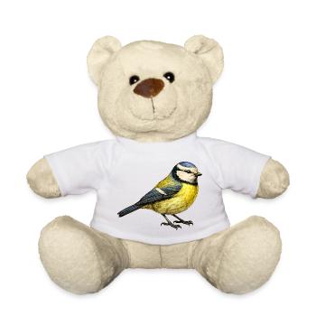 Blue Illustration – Little Bird Nature Motif - Teddy Bear - white - Front