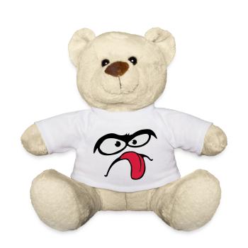 Thick Eyebrows Comic Face Tongue Stick Out - Teddy Bear - white - Front