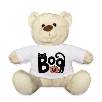 Süße gruselige Halloween Boo Schwarze Katze mit Kürbis - Teddy - Weiß - Vorne