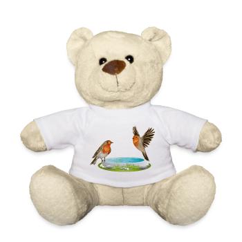 Vogeltränke mit zwei vergnügten Rotkehlchen - Teddy - Weiß - Vorne