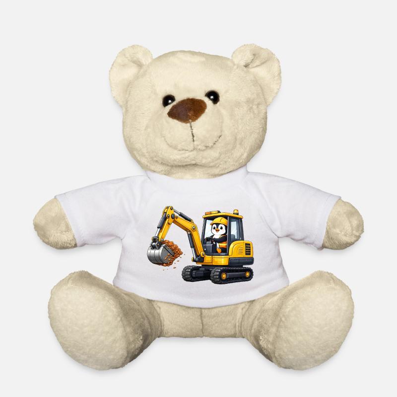 Cute Penguin Excavator Driver Construction Worker Cartoon - Teddy Bear - white