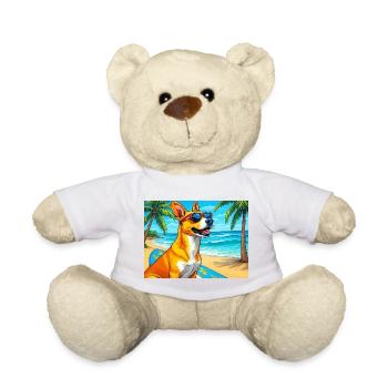 Chien de plage avec planche de surf et lunettes de soleil - Nounours - blanc - Devant