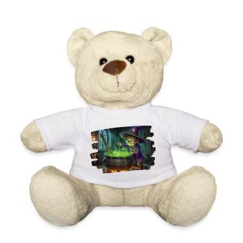 Un petit magicien prépare une potion magique dans un chaudron - Nounours - blanc - Devant