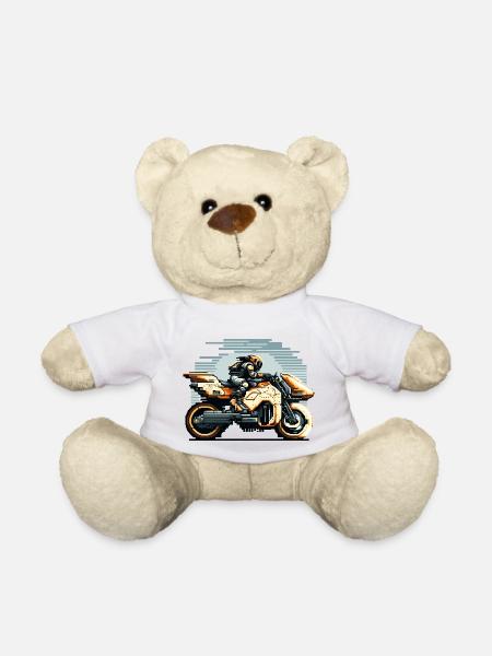 Eine Bikerin fährt das 8 Bit Motorrad der Zukunft - Teddy - Weiß