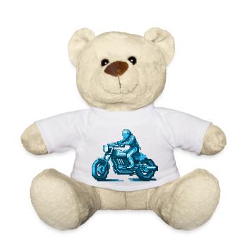 Un motocycliste assis sur sa machine en 8 bits - Nounours - blanc - Devant