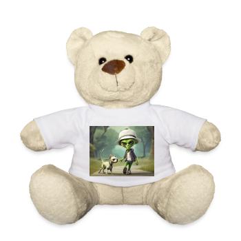 cute little green alientake the dog out - Teddy Bear - white - Front