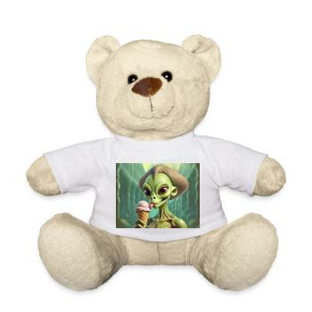 Grauer Außerirdischer auf der Mondoberfläche – Eis essen - Teddy - Weiß - Vorne