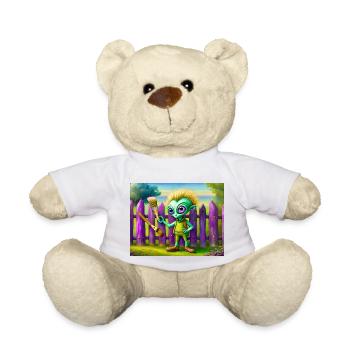 niedliches kleines grünes Retro-Alien malt einen Zaun - Teddy - Weiß - Vorne