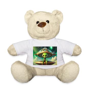 cute little green retro vintage alien flying a UFO - Teddy Bear - white - Front