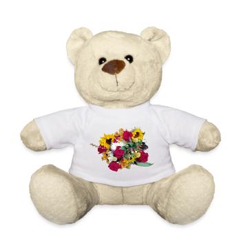 Colourful bouquet of flowers roses sunflowers - Teddy Bear - white - Front