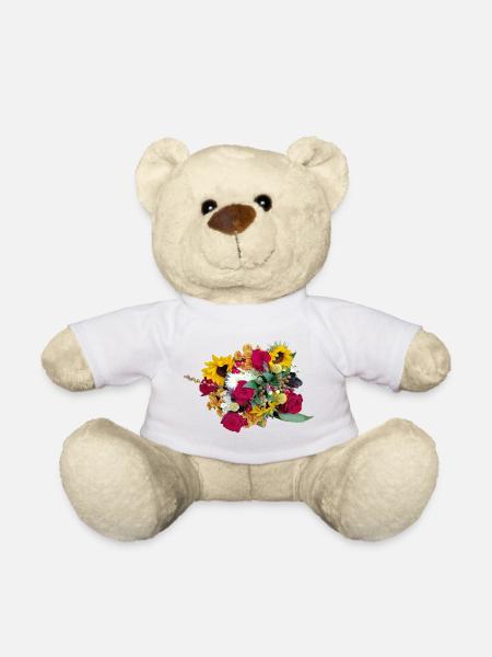 Bouquet coloré de fleurs, de roses, de tournesols - Nounours - blanc