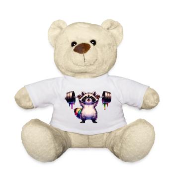 Rainbow Raccoon Lifts Heavy Barbell - Teddy Bear - white - Front