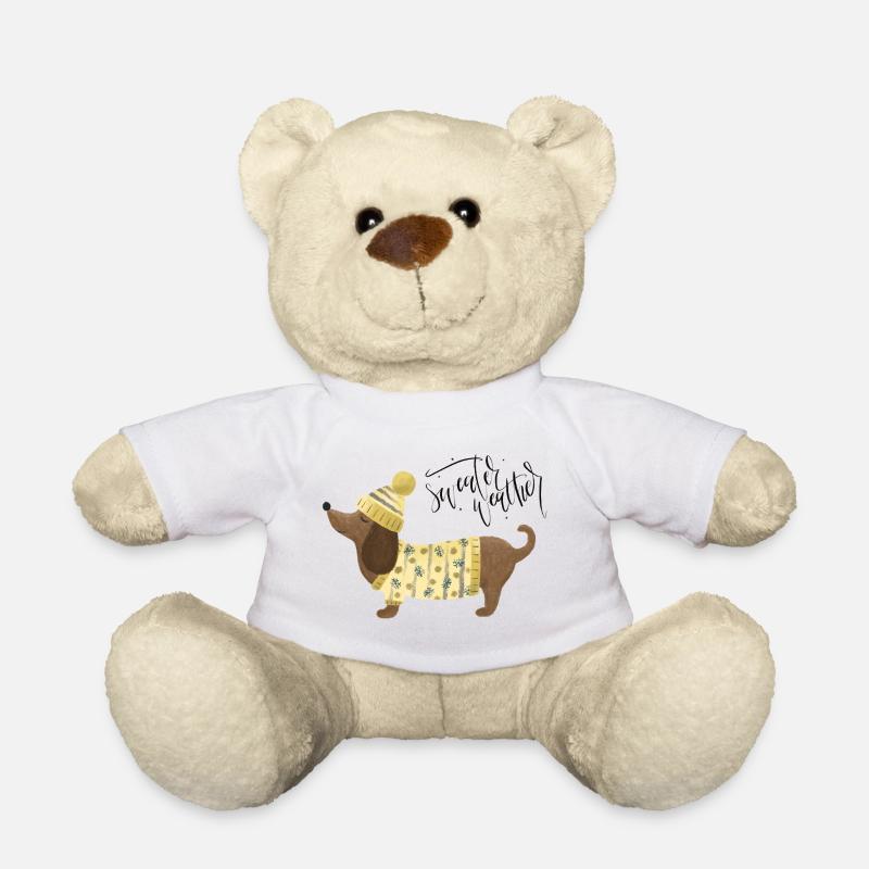 Teckel avec pull et chapeauSweater Météo jaune - Nounours - blanc