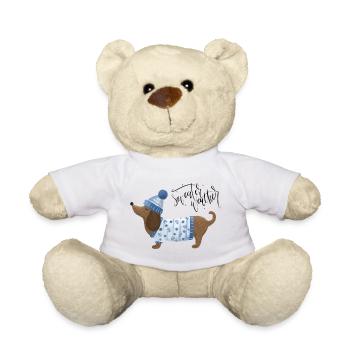 Dackel mit Pullover und Mütze Sweater Weather blau - Teddy - Weiß - Vorne