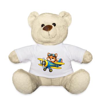 Fuchs Pilot Doppeldecker Flugzeug Cartoon   - Teddy - Weiß - Vorne