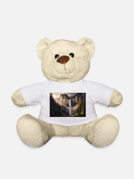 Poster Oil Painting Mountain Landscape with Waterfall - Teddy Bear - white