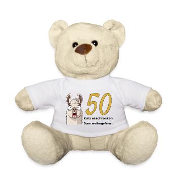 50th birthday – briefly frightened, then celebrated - Teddy Bear - white - Front