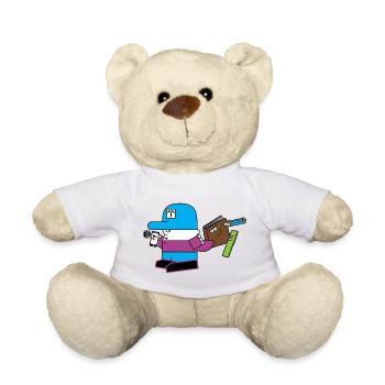 Blaues Maskottchen mit Schreibwaren-Sidekick - Teddy - Weiß - Vorne