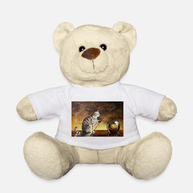 Fisher cat and goldfish in bowl - Teddy Bear - white