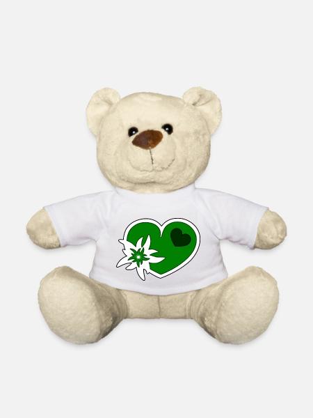Coeur vert avec fleur d'edelweiss - Nounours - blanc
