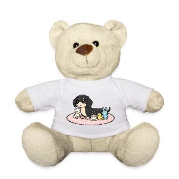 Dackel schwarz mit Kuscheltieren - Teddy - Weiß - Vorne
