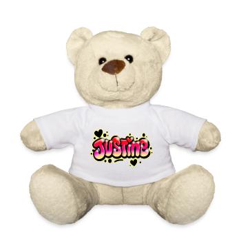 Justine Graffiti Name Druckbare Blasen Herzen - Teddy - Weiß - Vorne