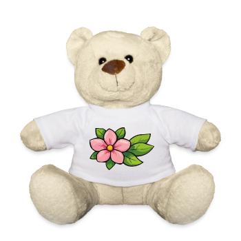 Pink flower with green leaves - Teddy Bear - white - Front