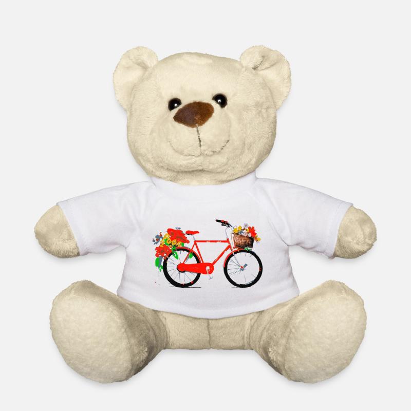 Vélo rouge avec panier de fleurs - Nounours - blanc