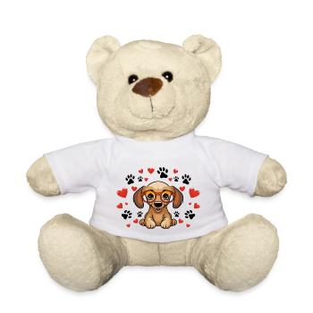 Teckel avec lunettes, empreintes de cœur et de pattes - Nounours - blanc - Devant