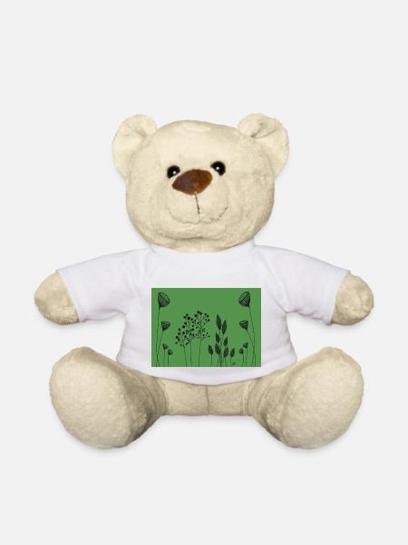 FIneline flowers drawing black green - Teddy Bear - white