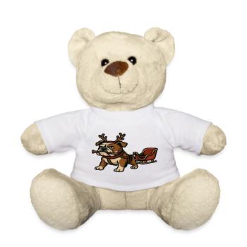 Bulldog Reindeer Pulling Sleigh Christmas Cartoon - Teddy Bear - white - Front