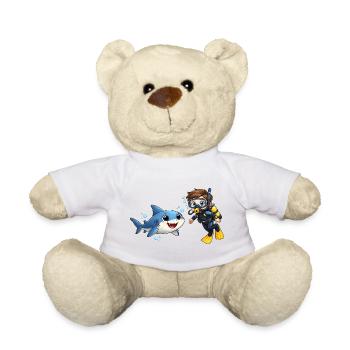 Diver Kid with Shark Funny Ocean Cartoon - Teddy Bear - white - Front