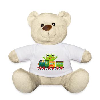 Green cartoon frog cheering with toy train - Teddy Bear - white - Front